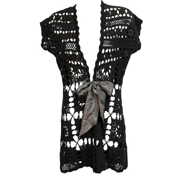 Boston Proper | XS Smoky Gray Lacy Crochet Look Open Weave Cardigan, Fabric Bow - Picture 8 of 16